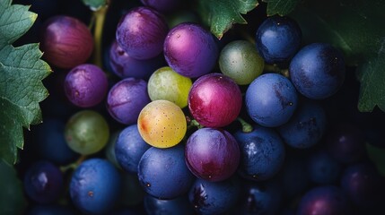 Poster - Vibrant assortment of multi-colored grapes nestled among lush green leaves in a natural setting showcasing freshness and abundance.