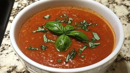 Poster - Bowl of rich tomato soup topped with fresh basil leaves on a granite countertop