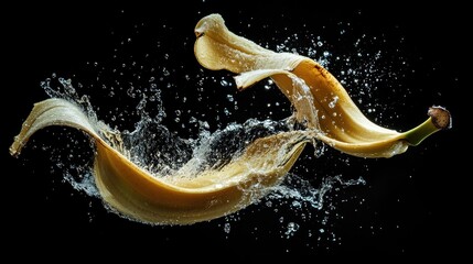Aufkleber - Banana Peel Creating Dynamic Splash Effect with Water Against Dark Background