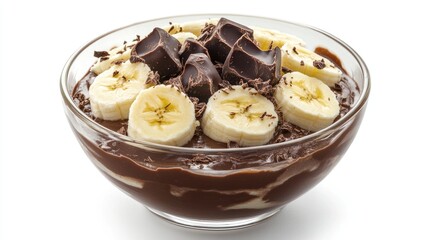 Aufkleber - Delicious Banana Chocolate Pudding in a Bowl Topped with Slices of Banana and Chocolate on a White Background