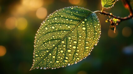 Poster - Bokeh background featuring a dewy green leaf glistening in sunlight showcasing the beauty of nature and freshness of early morning.