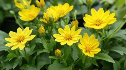 Poster - Vibrant yellow wedelia flowers blooming against lush green leaves creating a cheerful garden atmosphere