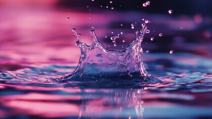 Poster - Macro view of vibrant water splash creating bubbles on a glossy surface in a colorful ambient setting with reflections and dynamic motion.