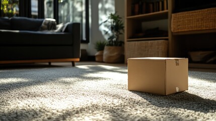 Poster - Cardboard box on carpet in stylish storage space with natural lighting and contemporary decor ambiance