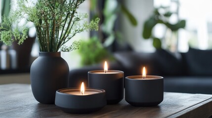 Poster - Black candles on a wooden table enhancing relaxation and ambiance for meditation alongside greenery in a modern indoor setting