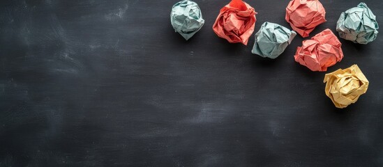Poster - Black chalkboard backdrop with colorful crumpled paper balls and ample copy space for creative text or messaging concepts