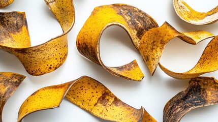 Poster - Curled Banana Peels on Clean White Background Displaying Texture and Color Variations