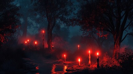 Poster - Candlelit forest scene at night with glowing red candles surrounded by dark trees and misty atmosphere creating a mysterious ambiance
