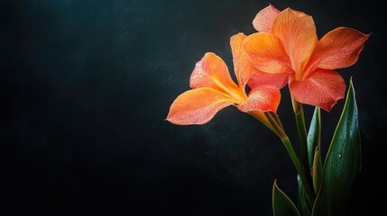 Poster - Canna flowers with vibrant orange petals and green leaves against a dark background showcasing natural beauty and elegance