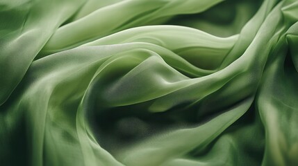 Poster - Elegant close-up of soft flowing green fabric showcasing rich texture and gentle folds illuminated by natural light.