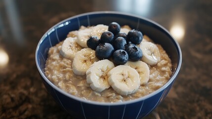 Poster - Bowl of Creamy Oatmeal Topped with Fresh Bananas and Juicy Blueberries on a Rustic Table