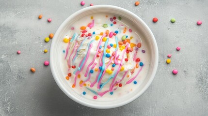Poster - Bowl of colorful slightly melted ice cream with drizzled toppings and sprinkles on a gray background top view