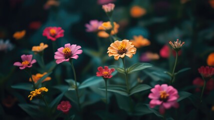 Poster - Vibrant Zinnia flowers in full bloom showcasing a colorful garden display with rich textures and shallow depth of field.