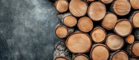 Aufkleber - Wooden logs stacked in a forest setting with ample empty space on the right for text or promotional content use