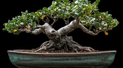 Poster - Bonsai tree in decorative flowerpot isolated on black background showcasing intricate foliage and unique trunk structure for nature enthusiasts