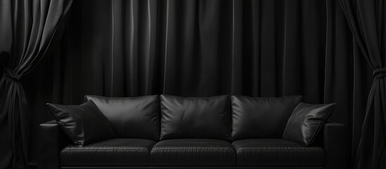 Aufkleber - Elegant black sofa and curtains in a stylish interior with blank space for customizable text or design elements.