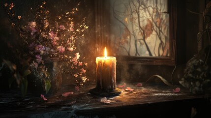 Poster - Tranquil night scene featuring a lit candle with soft light illuminating a rustic setting and delicate flowers beside a window.