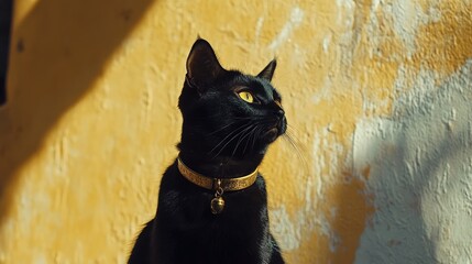 Poster - Thoughtful black cat adorned with a golden collar gazes into the distance against a yellow background with space for text insertion.