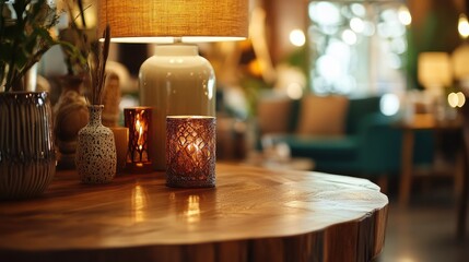 Poster - Elegant wooden table adorned with stylish lamps and decorative candles in a cozy interior setting.