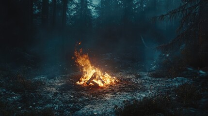 Poster - Campfire glowing in a serene forest surrounded by smoke and trees creating an atmospheric evening scene