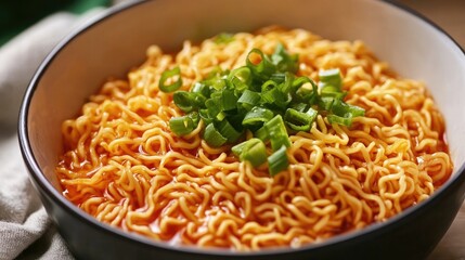 Poster - Delicious bowl of ramen noodles topped with fresh sliced green onions ready to be served for a comforting meal
