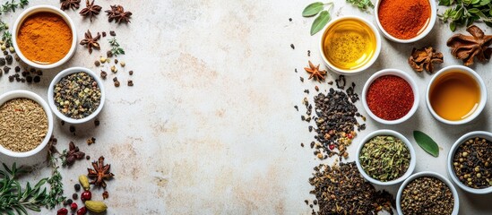 Poster - Gourmet spices herbs and teas arranged in bowls on a textured background with ample empty space for text or branding elements