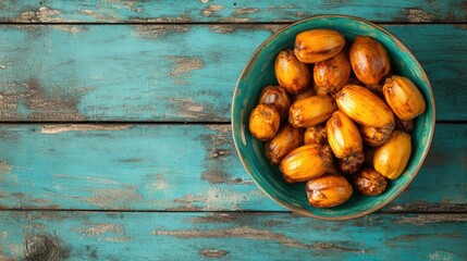 Poster - Bowl of ripe palm fruit displayed on a vibrant blue wooden table surface in rustic setting