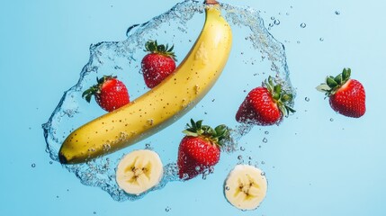Poster - Fresh fruits banana and strawberries splashing in water on vibrant blue background for healthy lifestyle and summer freshness concept.