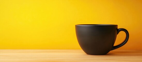 Aufkleber - Black Coffee Cup on Yellow Table with Ample Copyspace for Text and Minimalist Composition