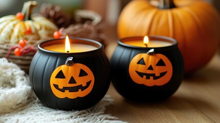 Aufkleber - Cozy pumpkin candle display with autumn decorations for Halloween preparations in a warm indoor atmosphere