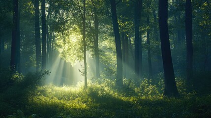 Aufkleber - Enchanted forest with sunlight filtering through trees creating a serene and mystical atmosphere in nature's tranquility