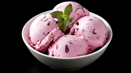Poster - Vibrant organic raspberry ice cream scoops garnished with fresh mint in a white bowl on a dark background