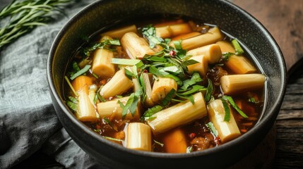 Poster - Stewed bamboo shoots garnished with fresh herbs in a savory sauce served in a rustic bowl on a wooden table