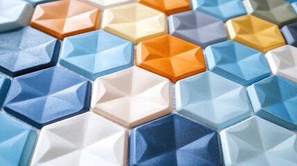 Poster - Multicolored handmade Mediterranean ceramic tiles in a 3D geometric design showcasing modern minimalist aesthetics and vibrant color patterns.