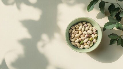 Poster - Green bowl filled with pistachios on a soft background accompanied by shadow and greenery elements for a natural aesthetic.