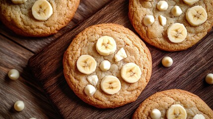 Poster - Banana and white chocolate cookies arranged on a wooden surface with fresh banana slices and chocolate pieces displayed attractively