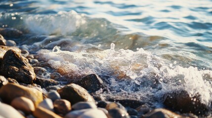 Poster - Bokeh effect on tranquil blue sea waves lapping against smooth stones on a sunny day