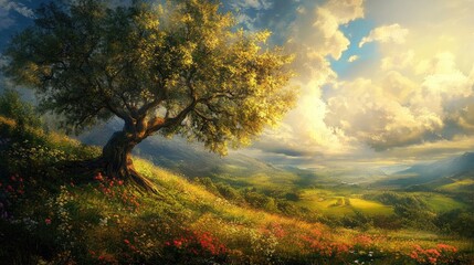 Aufkleber - Serene landscape with vibrant wildflowers under a majestic tree and a dramatic sky showcasing the beauty of nature and tranquility.