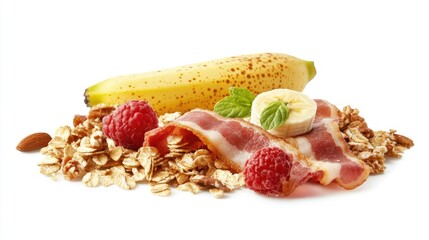 Poster - Healthy breakfast ingredients featuring banana, muesli, bacon, and fresh raspberries on a white background for a nutritious meal concept