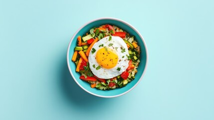 Poster - Bowl of colorful vegetable rosti topped with poached egg on turquoise background Healthy breakfast idea with space for text