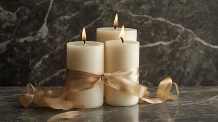Poster - Elegant white candles tied with a golden ribbon, softly illuminated, creating a serene atmosphere against a marble background.