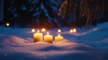 Poster - Serene winter scene with glowing candles nestled in fresh snow amidst a tranquil forest setting illuminated by soft evening light