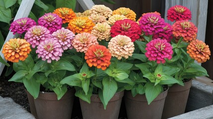 Poster - Vibrant zinnia flowers in pots creating a stunning display in a colorful home garden during the autumn season