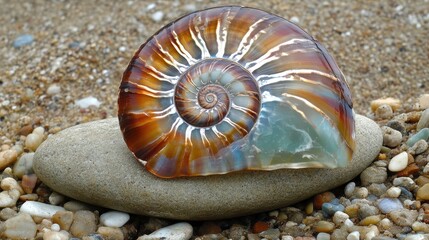Poster - Colorful nautilus shell resting on a smooth pebble surrounded by fine grains of sand on the seashore showcasing natural beauty and tranquility