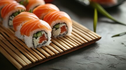 Aufkleber - Bamboo placemat with sushi rolls featuring fresh salmon and cucumber on a textured surface