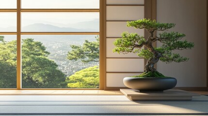Poster - Bonsai tree in traditional interior with sliding window showcasing serene landscape and natural light ambiance