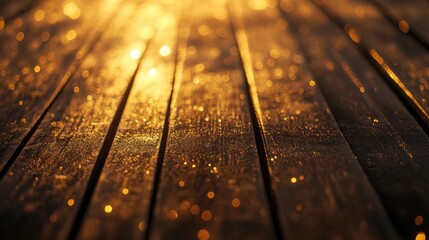Aufkleber - Golden Bokeh Lights Reflecting on Wooden Surface with Text Space for Seasonal or Event Promotions