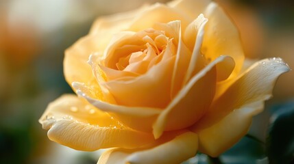 Poster - Delicate yellow rose showcasing its soft petals and subtle texture illuminated by gentle sunlight in a serene garden setting