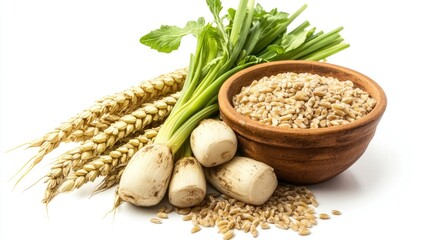 Poster - Bowl of wheat grains surrounded by chicory roots and leaves on a white background showcasing natural agricultural produce