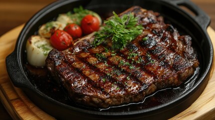 Poster - Grilled bone-in steak served with roasted vegetables and garnished with fresh herbs on a rustic wooden platter.